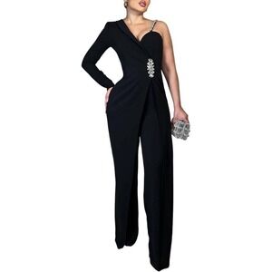 ChicMe Womens Black Asymmetric One Shoulder Blazer Jumpsuit Rhinestone Small
